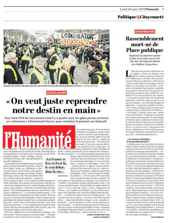 L'Humanité - 18 mars 2019 - On veut juste reprendre notre destin en main