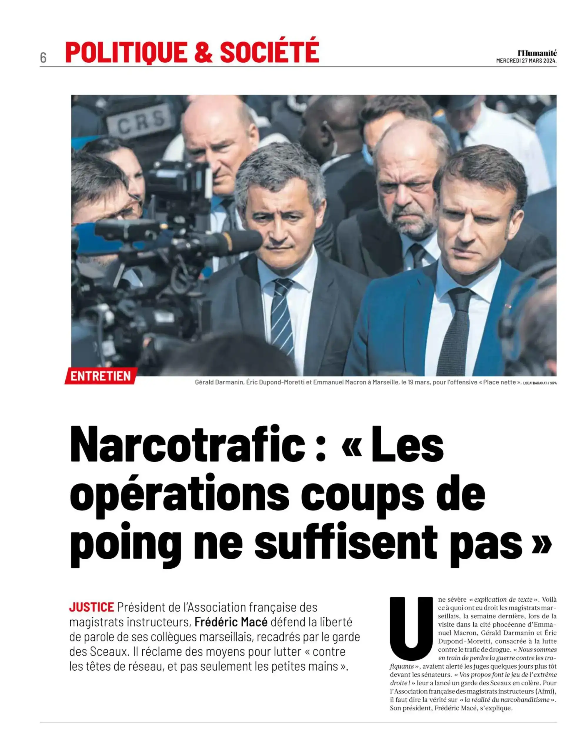 L'Humanité - 27 mars 2024 - Narcotrafic : "Les opérations coup de poing ne suffisent pas"