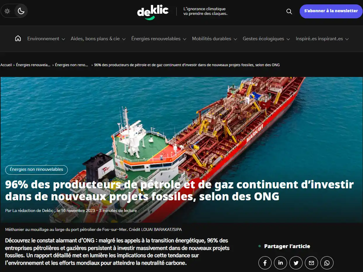 Deklic - 16novembre 2023 - Investissement dans de nouveaux projets fossiles