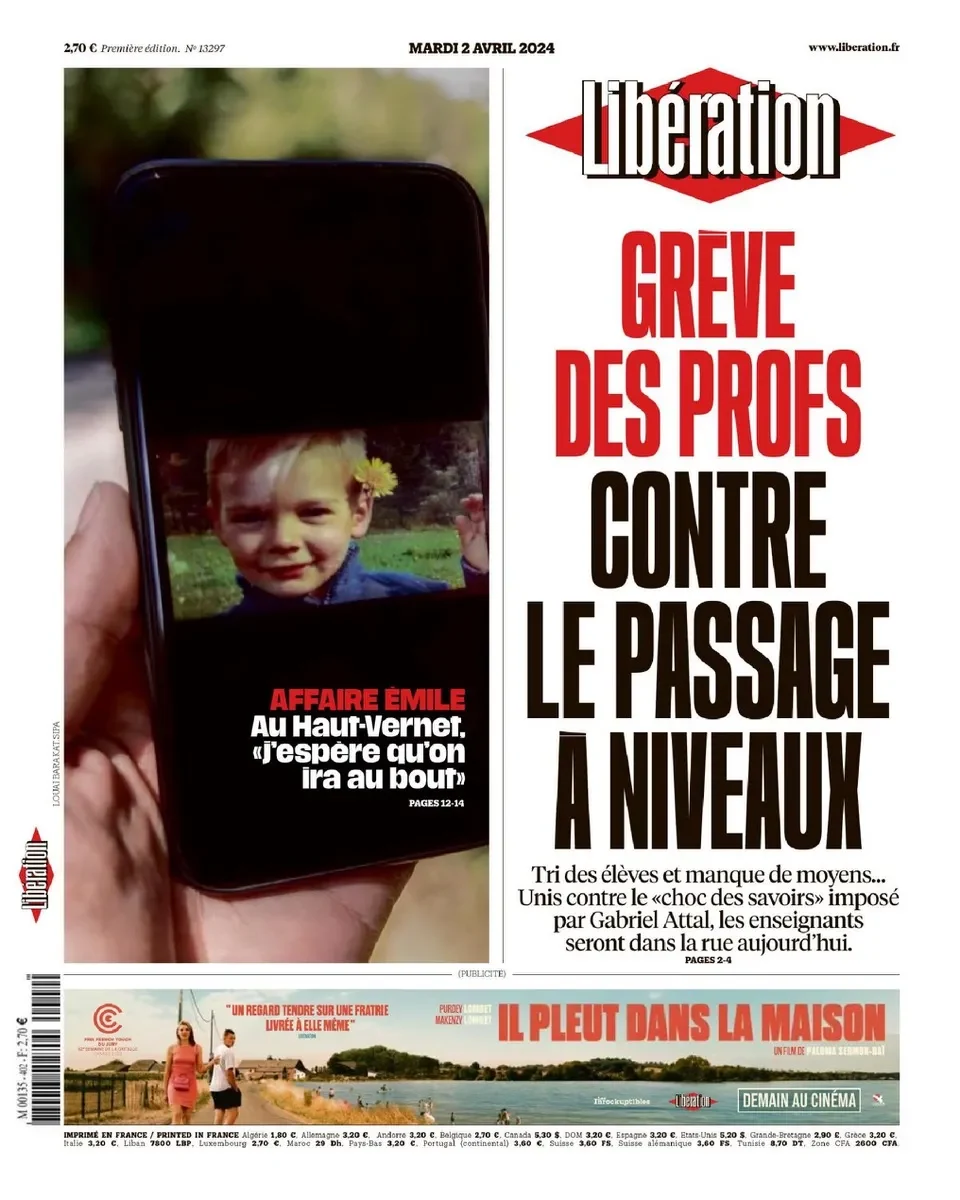 Libération - 2 avril 2024 - Grève des profs contre le passage à niveaux