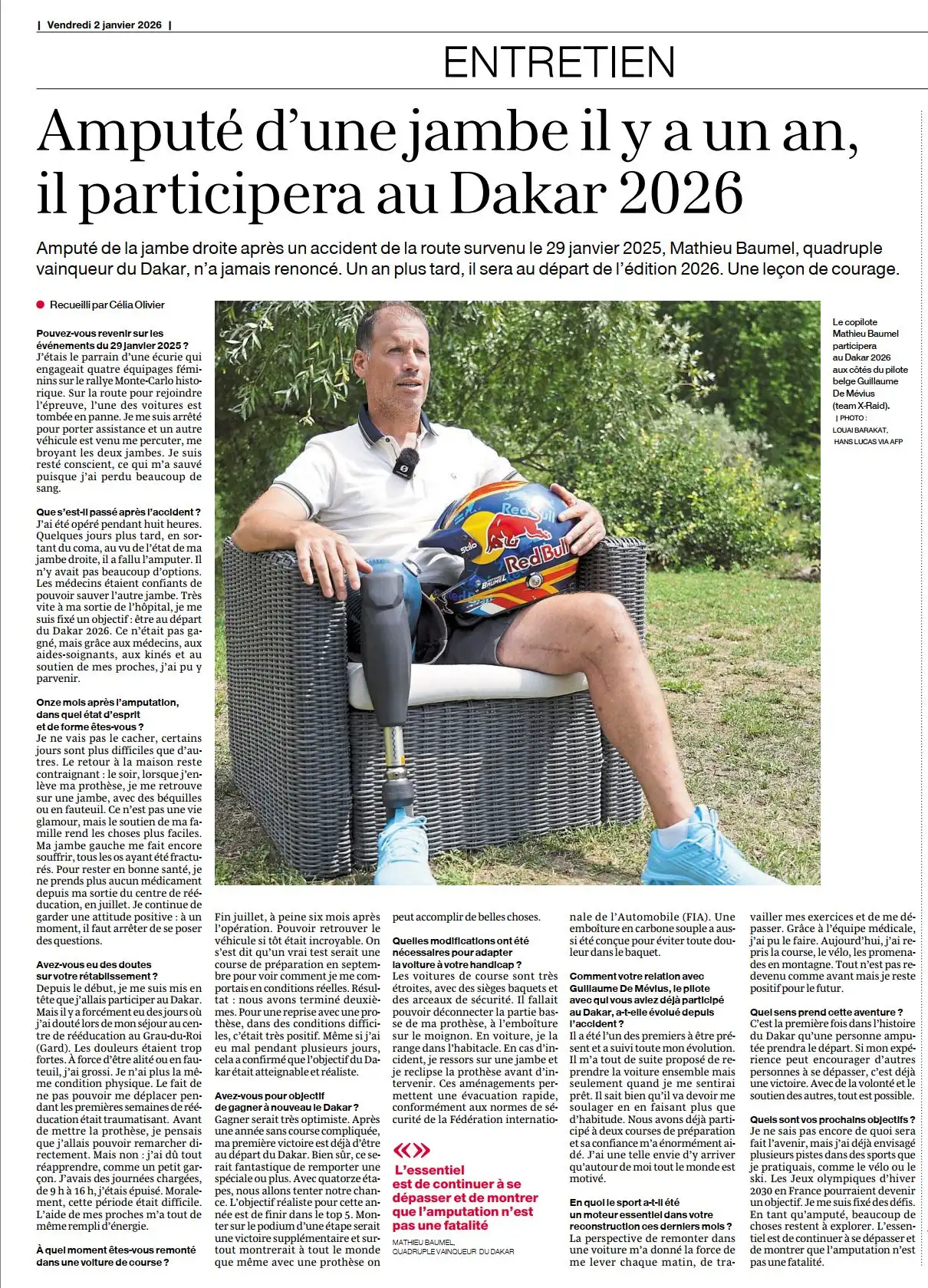 Ouest France - 2 janvier 2026 - Amputé d'une jambe il y a un an, il participera au Dakar 2026